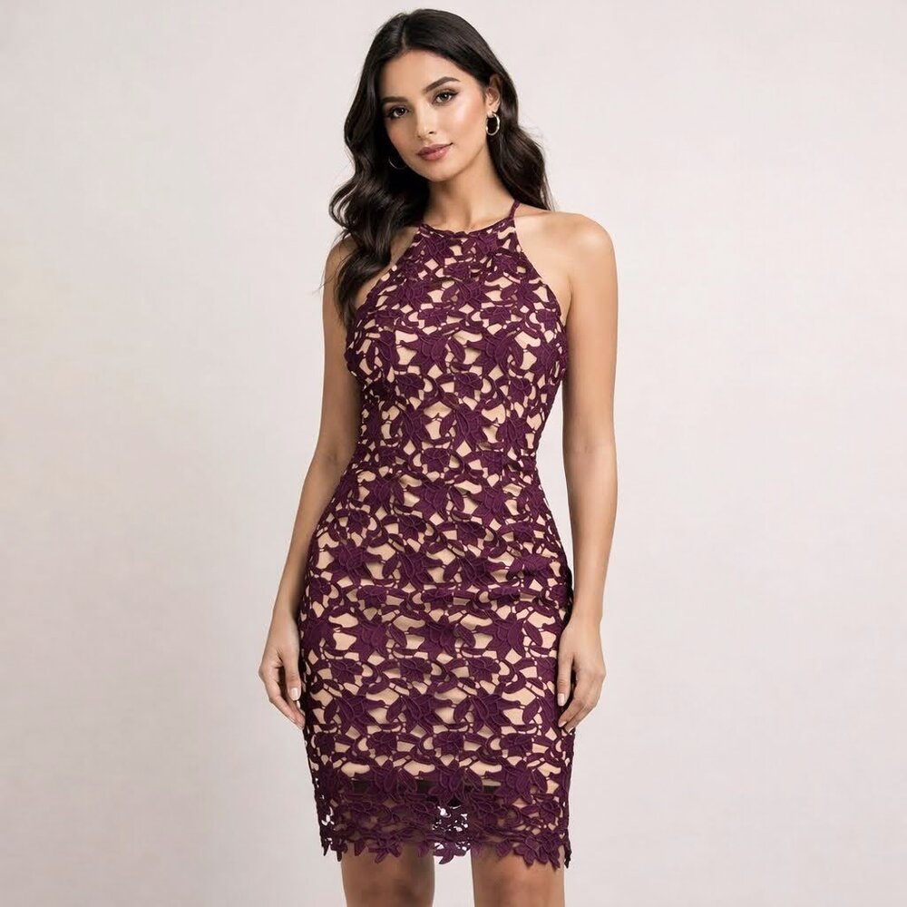 Guess Dress Womens Small Purple Floral Lace Halter Sheath Cocktail Party Wedding